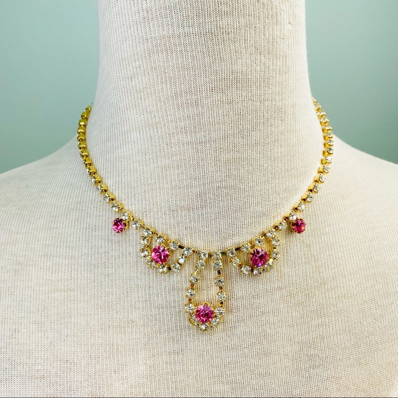 Pink and Gold Color Dazzling necklace sets in  rhinestones. - Picture 3 of 4